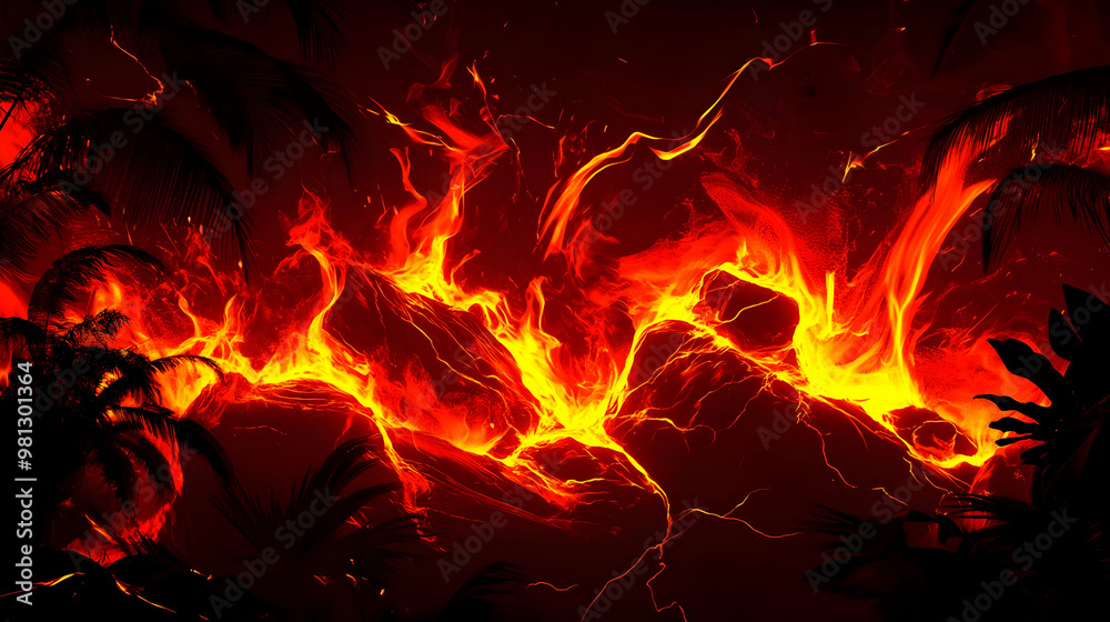 Lava Flowing Through Tropical Forest - Fiery Nature Lava Flowing Through Tropical Forest - Fiery Nature