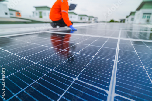 Wallpaper Mural engineer man inspects construction of solar cell panel or photovoltaic cell by electronic device. Industrial Renewable energy of green power. factory worker working on tower roof. Torontodigital.ca