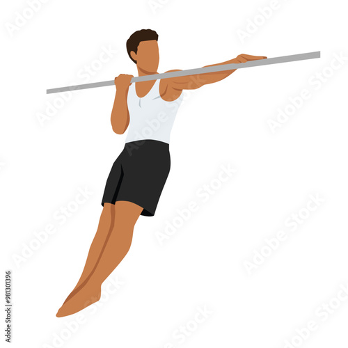 Young man doing archer pull ups calisthenics exercise. Flat vector illustration isolated on white background