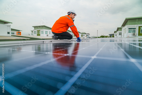 Wallpaper Mural engineer man inspects construction of solar cell panel or photovoltaic cell by electronic device. Industrial Renewable energy of green power. factory worker working on tower roof. Torontodigital.ca