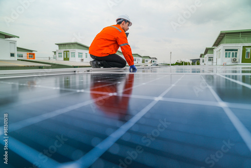 Wallpaper Mural engineer man inspects construction of solar cell panel or photovoltaic cell by electronic device. Industrial Renewable energy of green power. factory worker working on tower roof. Torontodigital.ca