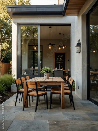 Courtyard patio of a modern farmhouse with outdoor seating.