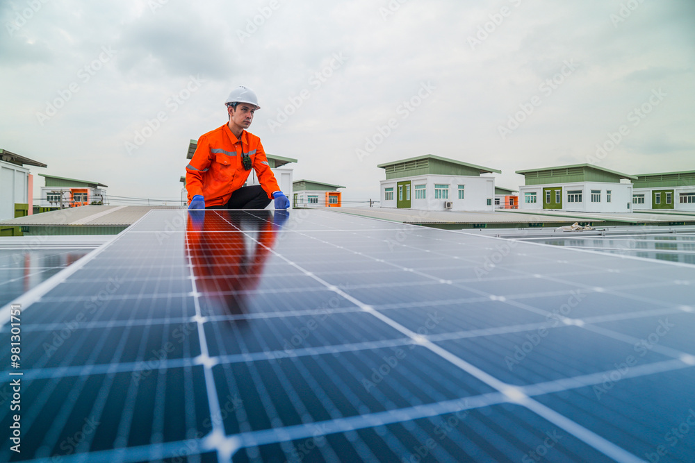 custom made wallpaper toronto digitalengineer man inspects construction of solar cell panel or photovoltaic cell by electronic device. Industrial Renewable energy of green power. factory worker working on tower roof.