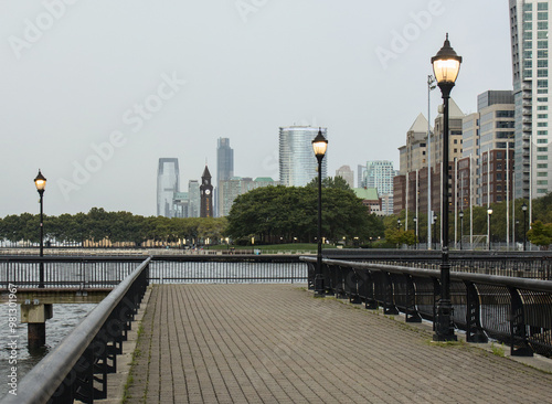 hudson river pier with midtown manhattan skyline skyscrapers (public park promenade) hoboken jersey city new jersey (waterfront castle point new york city nyc) travel tourism dock harbor photo