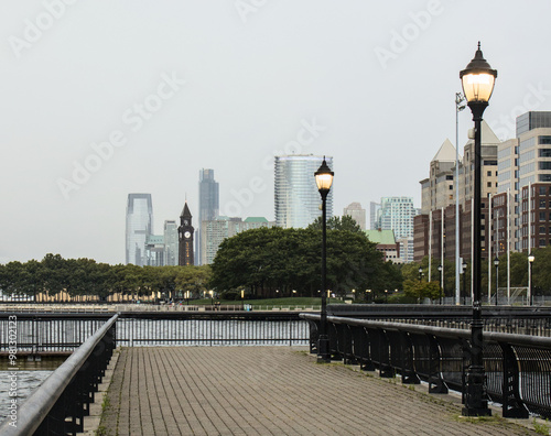 hudson river pier with midtown manhattan skyline skyscrapers (public park promenade) hoboken jersey city new jersey (waterfront castle point new york city nyc) travel tourism dock harbor photo