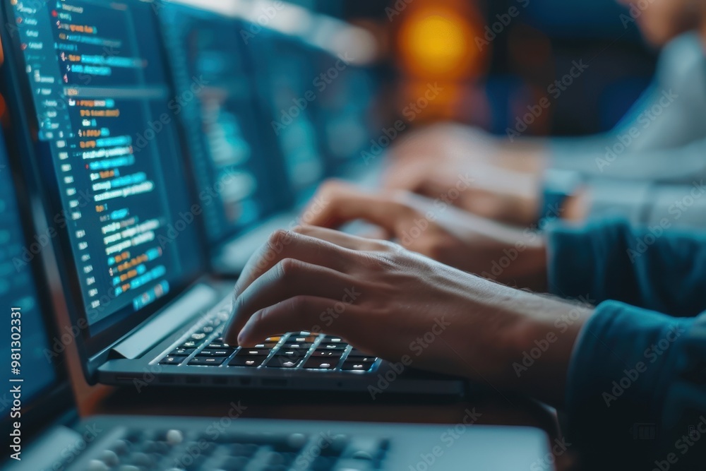 Hands typing code on a laptop in a programming workspace, with multiple screens displaying software code in the background. Hands typing code on a laptop in a programming workspace, with multiple screens displaying software code in the background.