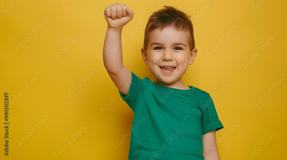 Full body of a small, fun, happy boy, 6-7 years old, wearing a green t-shirt, making a winner gesture and clenching fists, isolated on a plain yellow background. Mother's Day, love, family Full body of a small, fun, happy boy, 6-7 years old, wearing a green t-shirt, making a winner gesture and clenching fists, isolated on a plain yellow background. Mother's Day, love, family