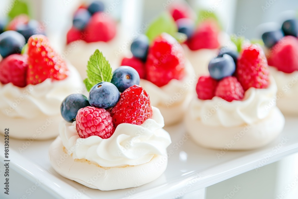 mini pavlovas topped with dollops of whipped cream and vibrant fresh berries like strawberries, raspberries, and blueberries, artfully arranged on a white ceramic plate mini pavlovas topped with dollops of whipped cream and vibrant fresh berries like strawberries, raspberries, and blueberries, artfully arranged on a white ceramic plate