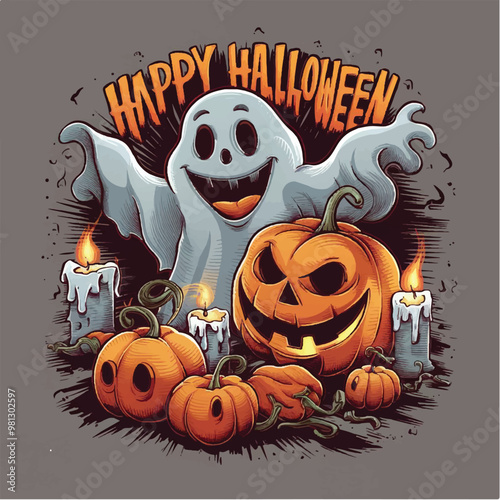 Happy Halloween with ghost and Jack-o'-lantern Vector, 3d render, illustration, typography