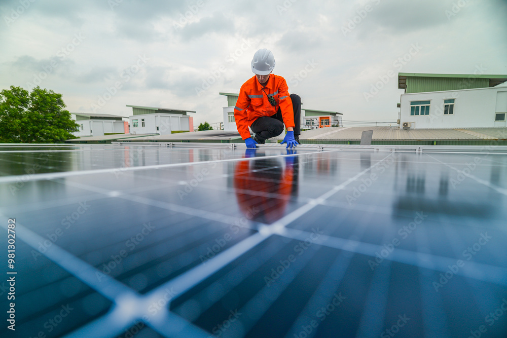 custom made wallpaper toronto digitalengineer man inspects construction of solar cell panel or photovoltaic cell by electronic device. Industrial Renewable energy of green power. factory worker working on tower roof.
