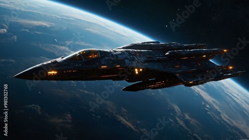a shadowy starfighter emerges from the depths image photo
