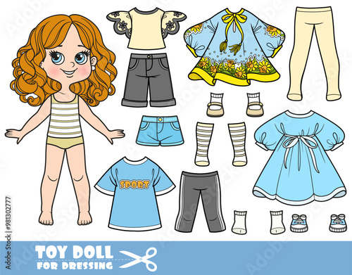 Cute cartoon girl with costume constructor with tights, shoes, dress, oversized shirt and shorts