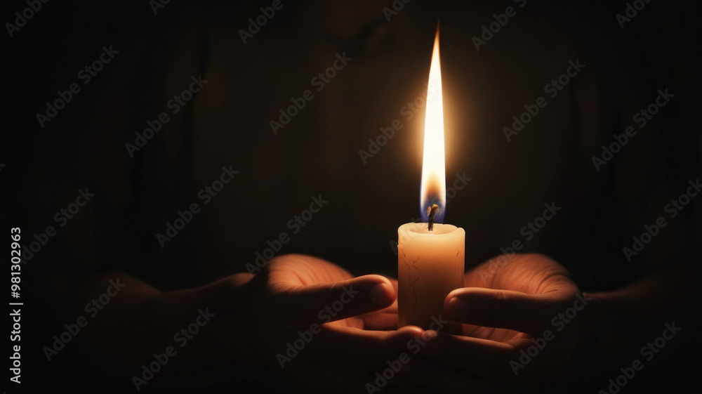 Hand holding a candle glowing in the dark on the floor Hand holding a candle glowing in the dark on the floor