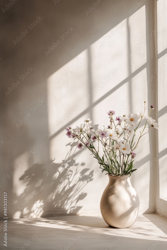 Sunlit vase with wildflowers casting shadows by a window Sunlit vase with wildflowers casting shadows by a window