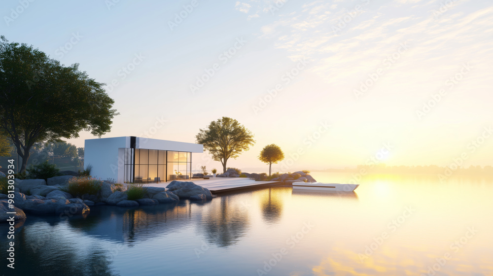 Fototapeta premium Modern Lakefront House at Sunrise