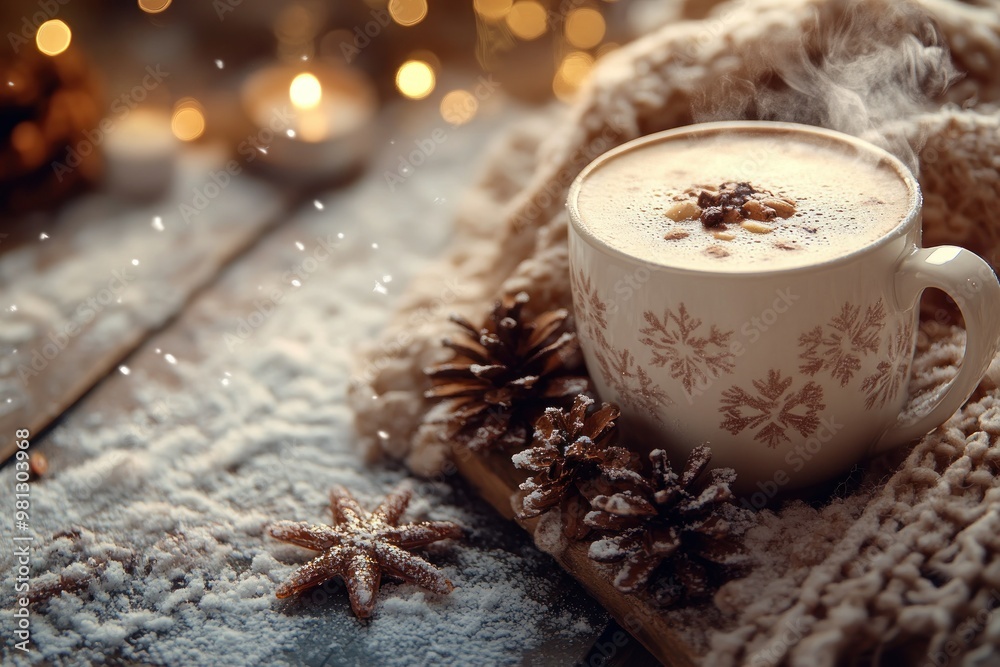 A Steaming Cup of Hot Chocolate with Snowflakes on a Cozy Wooden Table