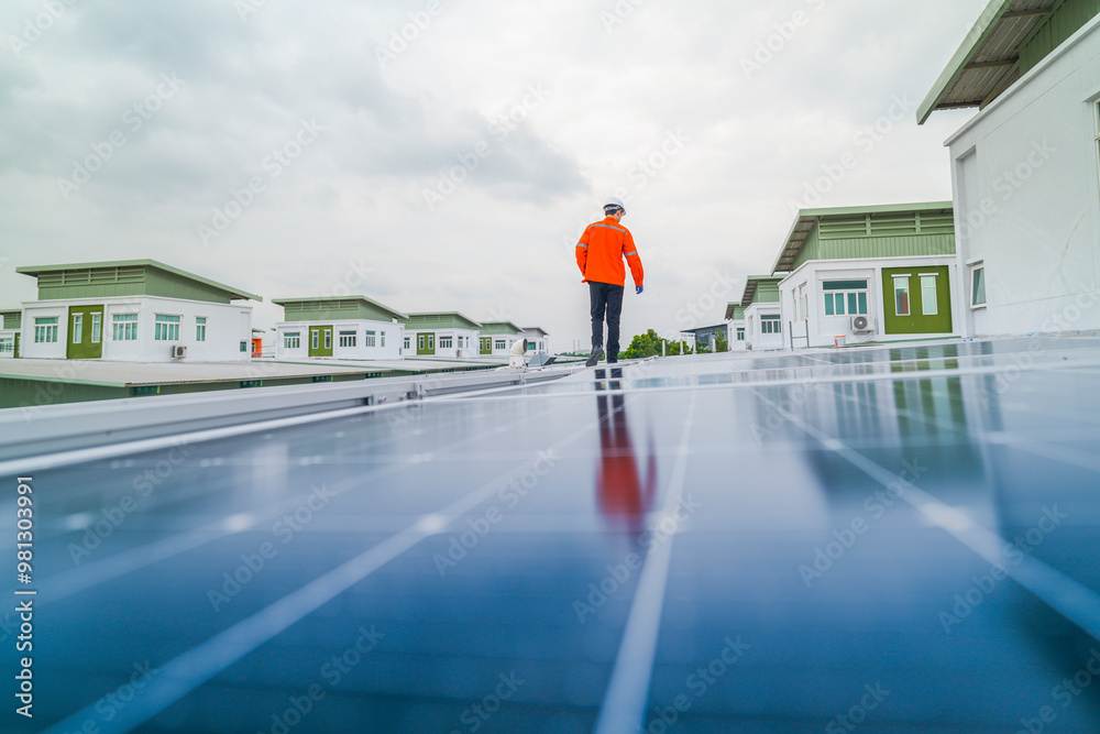 engineer man inspects construction of solar cell panel or photovoltaic cell by electronic device. Industrial Renewable energy of green power. factory worker working on tower roof. engineer man inspects construction of solar cell panel or photovoltaic cell by electronic device. Industrial Renewable energy of green power. factory worker working on tower roof.
