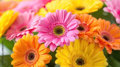 Close-up of vibrant pink, orange, and yellow gerbera daisies flower floral photography