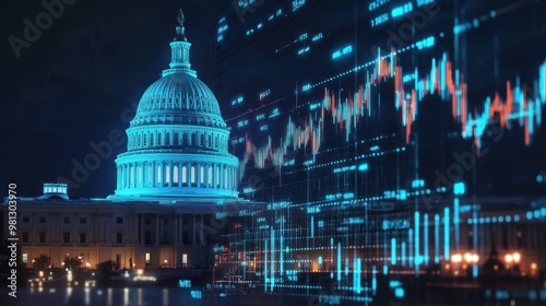 A holographic forex chart hovers in front of the illuminated Capitol Dome, representing real-time financial data and global trade activities tied to Washington.