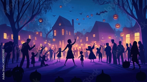 Halloween A group of people are gathered in a town square for a Halloween party