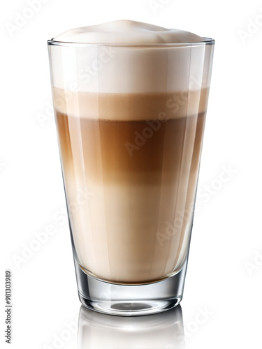 Hot layered latte coffee on glass isolated white background, cappuccino coffee in glass