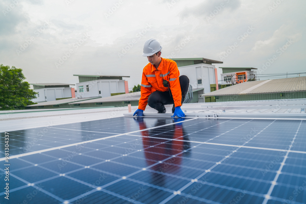 custom made wallpaper toronto digitalclose up on grid of technology renewable solar energy. construction solar panels system on roof. Installing solar photovoltaic panel system. background of blue of solar cell system and structure roof.