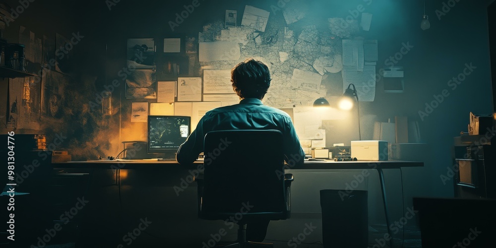 A man working at a desk in a dimly lit A man working at a desk in a dimly lit
