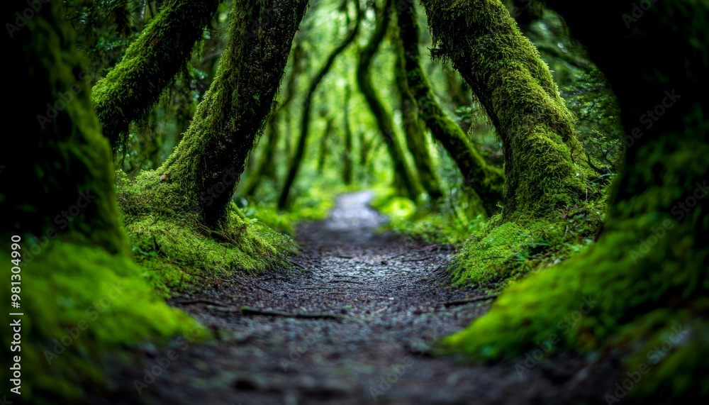 Obraz premium A mystical forest path with moss-covered trees and branches, with vibrant green leaves creating a calming and nature-filled environment.
