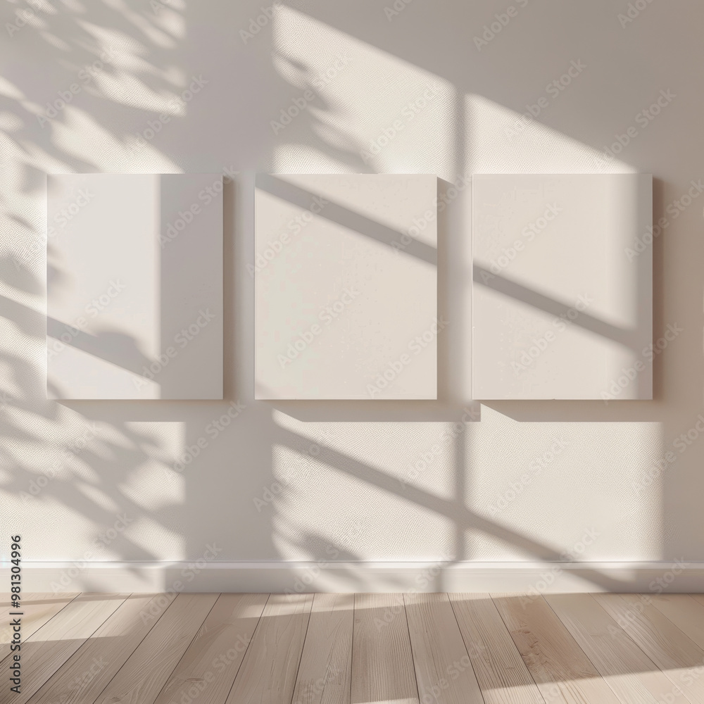 Fototapeta premium Minimalist design with three blank canvases on white wall, illuminated by soft shadows, creating serene atmosphere. Perfect for showcasing art or photography