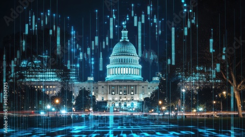 A panoramic scene of the Capitol Hill at night, where a forex holographic chart is superimposed, symbolizing the link between financial markets and government policy.