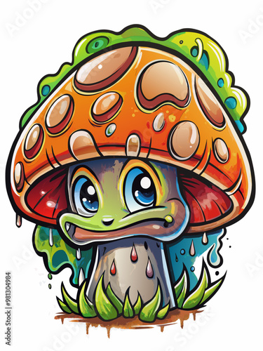 Rustic graffiti artwork of mushrooms painted in oil style with a grunge effect, ideal for urban-inspired art lovers.