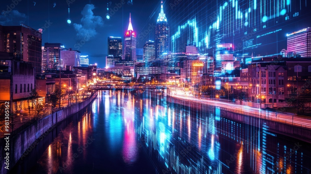 A nighttime view of Nashville's Broadway, with vibrant lights reflecting on the river. A forex hologram chart overlays the scene, showcasing digital trading activity. A nighttime view of Nashville's Broadway, with vibrant lights reflecting on the river. A forex hologram chart overlays the scene, showcasing digital trading activity.