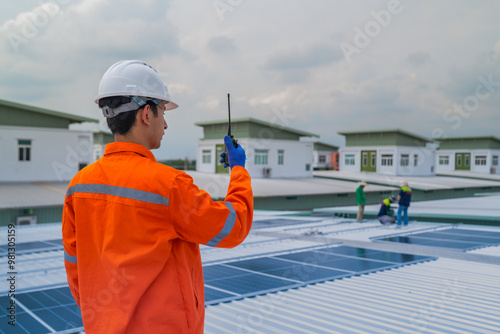 Worker Technicians are working to construct solar panels system on roof. Installing solar photovoltaic panel system. Men technicians walking on roof structure to check photovoltaic solar modules.
Impo photo