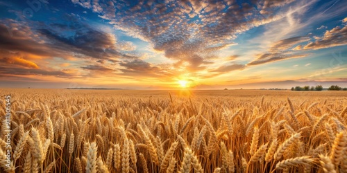 Ripening wheat field at sunrise with a beautiful sky in the background, ripening, wheat, field, sunrise, sky, background