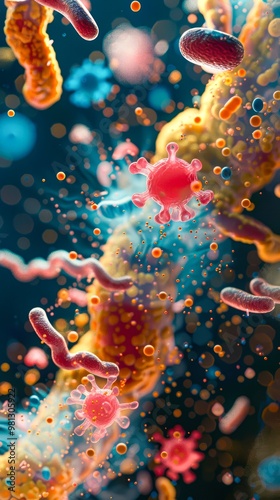 Microscopic view of various colorful microorganisms and bacteria floating in a vibrant environment, ideal for medical research, biotechnology photo