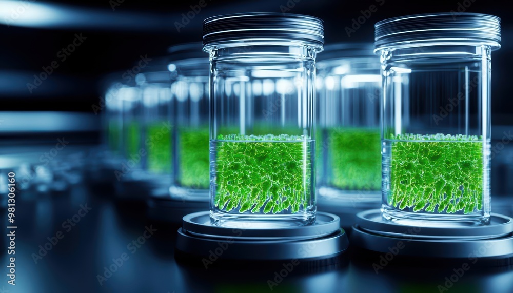 Laboratory jars containing vibrant green plant life, showcasing advanced biological research and environmental science innovations. Laboratory jars containing vibrant green plant life, showcasing advanced biological research and environmental science innovations.
