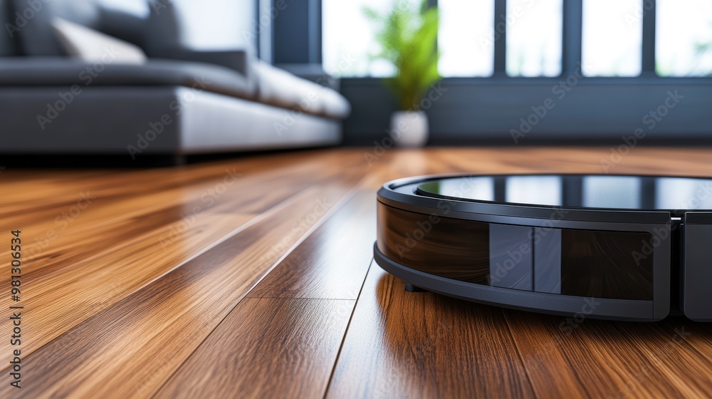 A close-up shot of a robotic vacuum cleaner on a shiny wooden floor in a modern living room with a couch and plants, ideal for illustrating smart home technology and modern interior design, A close-up shot of a robotic vacuum cleaner on a shiny wooden floor in a modern living room with a couch and plants, ideal for illustrating smart home technology and modern interior design,