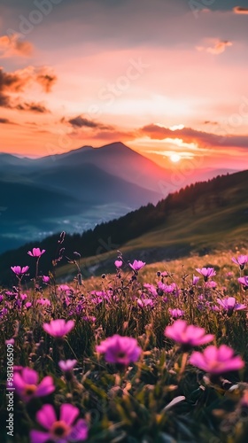 Scenic road with vibrant flowers and sunset mountains image 