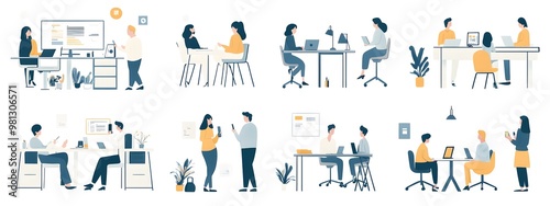 A set of flat illustrations depicting people in various work scenes, such as sitting at desks and standing up to dock their phones with charging cables, talking around the table or working on computer