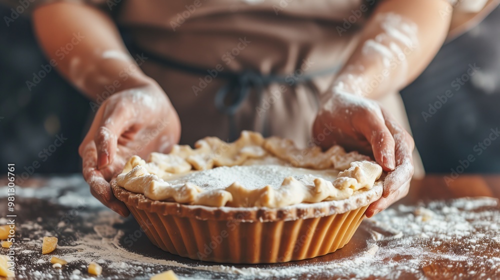 Close-up of baker's hands holding freshly baked pie Close-up of baker's hands holding freshly baked pie
