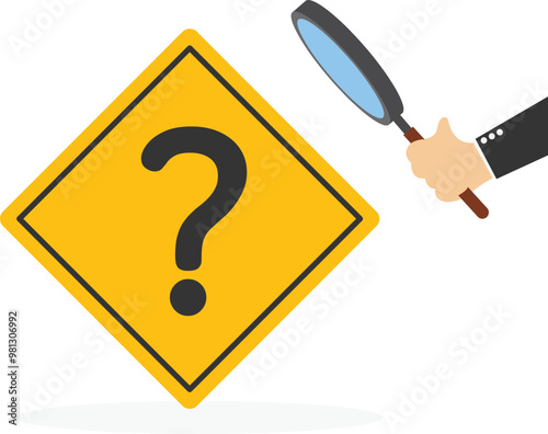 Businessman using magnifying glass to analyze question mark sign. Problem and root cause analysis, answer for business problem concept. Vector illustration
