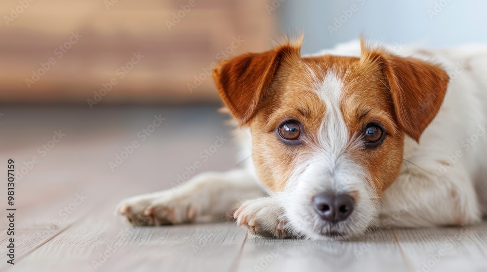 Adorable Jack Russell Terrier lying on a wooden floor with its head resting on its paws, looking up with big, curious eyes, showing a relaxed and calm demeanor. Adorable Jack Russell Terrier lying on a wooden floor with its head resting on its paws, looking up with big, curious eyes, showing a relaxed and calm demeanor.