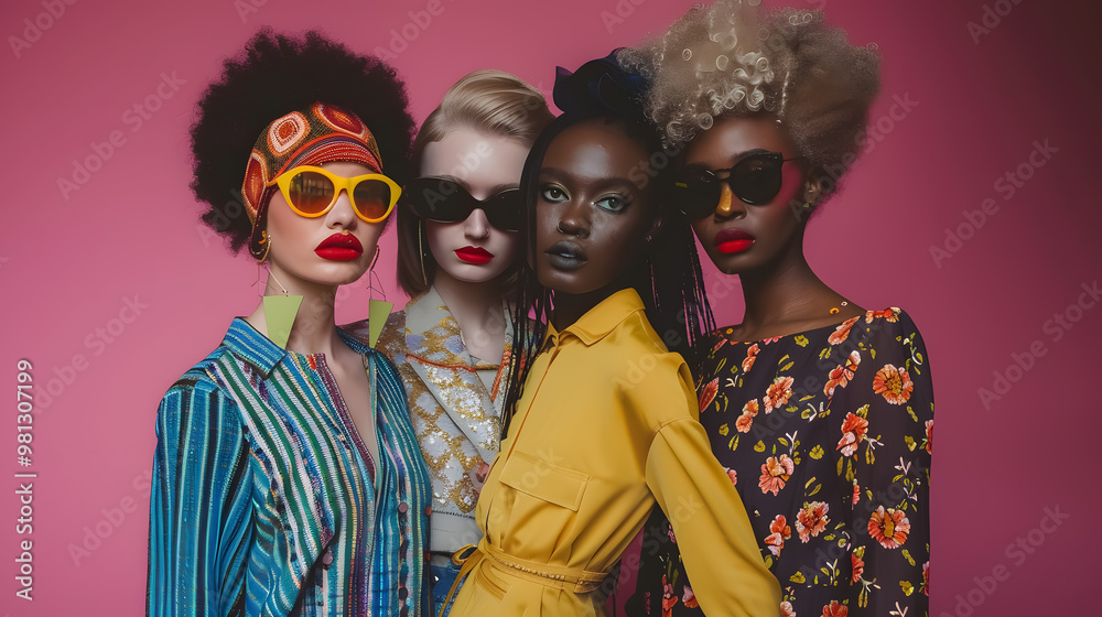 Group of fashionable women standing in a studio