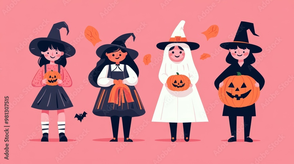 Halloween Four children dressed in Halloween costumes are holding pumpkins and smiling Halloween Four children dressed in Halloween costumes are holding pumpkins and smiling