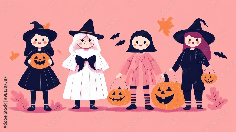 Halloween Four girls dressed in Halloween costumes holding pumpkins Halloween Four girls dressed in Halloween costumes holding pumpkins