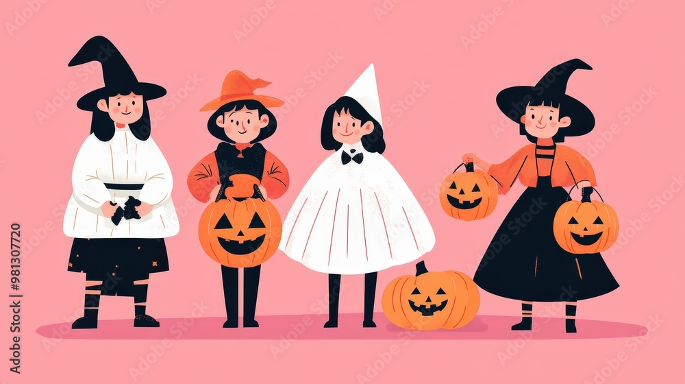 Halloween A group of four young girls dressed in Halloween costumes Halloween A group of four young girls dressed in Halloween costumes