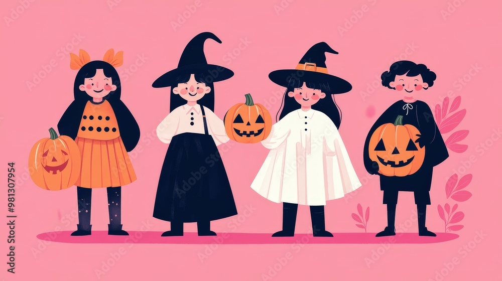 Halloween A group of children dressed in Halloween costumes are holding pumpkins Halloween A group of children dressed in Halloween costumes are holding pumpkins