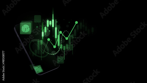 Close up smartphone screen and green candlestick