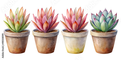 Set of Four Small Separate Leuchtenbergia Principis (Agave Cactus) Plants Isolated on Transparent Background, Perfect for Succulent and Desert Plant Projects photo