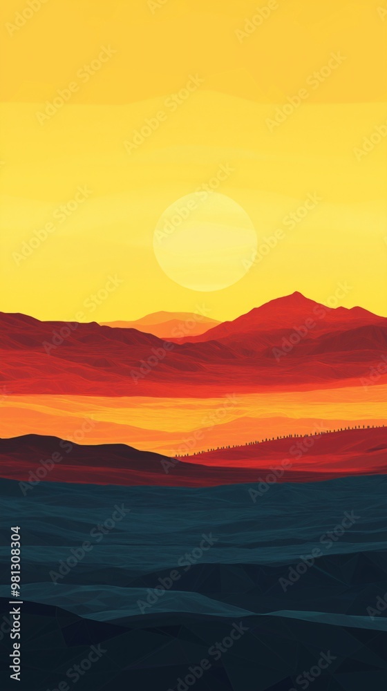 Stunning minimalist landscape showcasing teal and orange mountains silhouetted against a breathtaking sunset, capturing the essence of tranquility and natural beauty Stunning minimalist landscape showcasing teal and orange mountains silhouetted against a breathtaking sunset, capturing the essence of tranquility and natural beauty